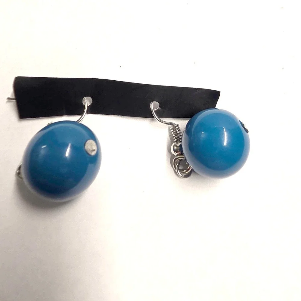 New Orb Drop Earrings Teal Blue Glossy Round Ball Minimalist Retro Dangle Hooks
